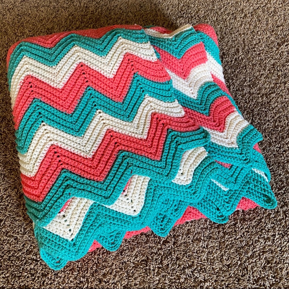 Pink & Turquoise Crochet Chevron Afghan Blanket